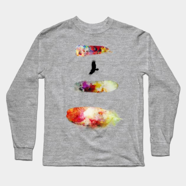 Three Water Colour Feathers and a Bird Long Sleeve T-Shirt by DyrkWyst